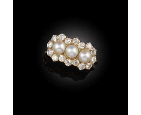 A pearl and diamond ring, early 20th century, set with three pearls, within a border of circular-cut diamonds, mounted in gol