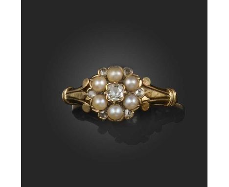 A pearl and diamond ring, late 19th century, of cluster design, modelled as a wild rose, set with half seed pearls and cushio