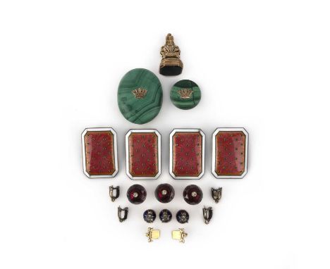 A collection of buttons, shirt studs and a fob seal, late 19th/early 20th century, comprising: three buttons composed of face