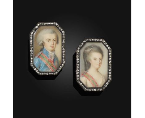 λ A pair of Royal portrait miniature rings, Portugal, circa 1785, each of elongated rectangular outline, containing an ivory 