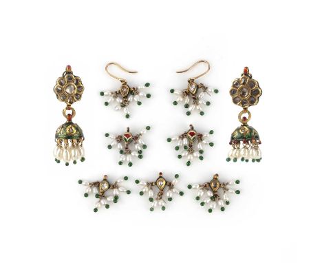 A collection of pearl, enamel and diamond jewels, India, comprising: a pair of earrings designed as a cluster of rose-cut dia