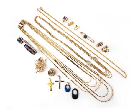 A group of jewels, comprising: a gold necklace composed of chain festoons connected by two geometric links set with brilliant