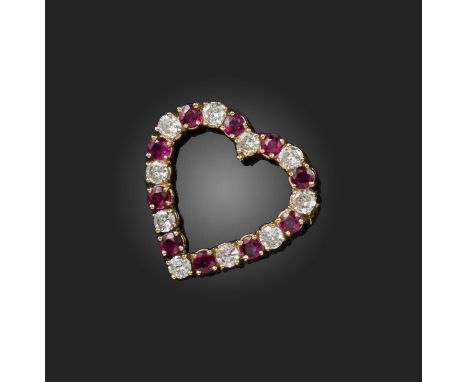 A ruby and diamond brooch/pendant, designed as a heart, set with circular-cut rubies and brilliant-cut diamonds in alternatio