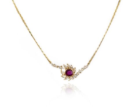 A ruby and diamond necklace, collet-set with an oval ruby weighing approximately 1.00 carat, within an asymmetrical mount of 