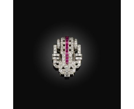 No reserve - an Art Deco ruby and diamond brooch, 1930s, of geometric design, set with single-, circular- and French-cut diam
