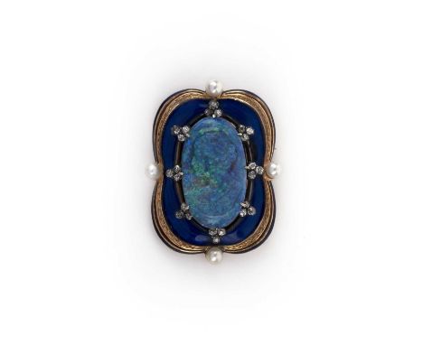 A carved opal, enamel, cultured pearl and diamond pendant/brooch, centring on an oval black opal cameo depicting a woman in p