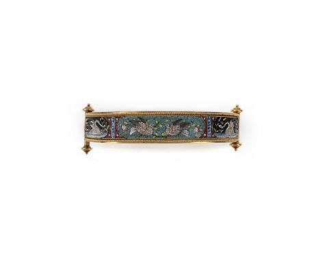 A gold and micromosaic bangle, late 19th century, designed in the Archaeological Revival style, the hinged gold bangle with g