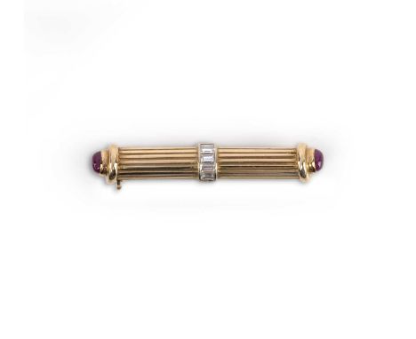 No reserve - a gold, ruby and diamond bar brooch, of fluted design in gold, centring on a line of baguette diamonds, each end