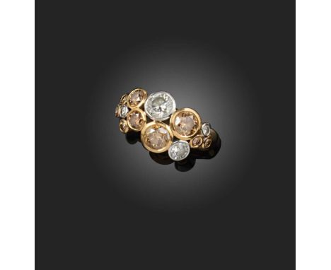 A brown diamond and diamond ring, the front composed of brilliant-cut diamonds of brown and colourless tints totalling approx