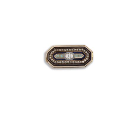 A George III enamel and seed pearl brooch, late 18th/early 19th century, of elongated outline with cut corners, applied with 