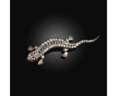 A Victorian sapphire, ruby and diamond brooch, late 19th century, designed as a salamander, set with cushion-shaped and circu