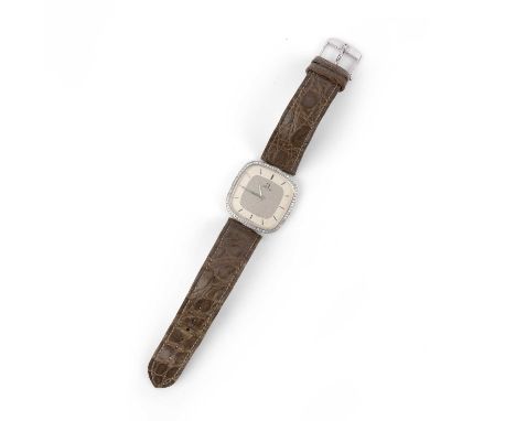 Omega, a white gold and diamond wristwatch, ref. 1365, of square outline with rounded corners, the bezel set with single-cut 