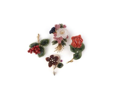λ A collection of four carved coral and hardstone brooches, mid 20th century, comprising: a coral and nephrite brooch designe