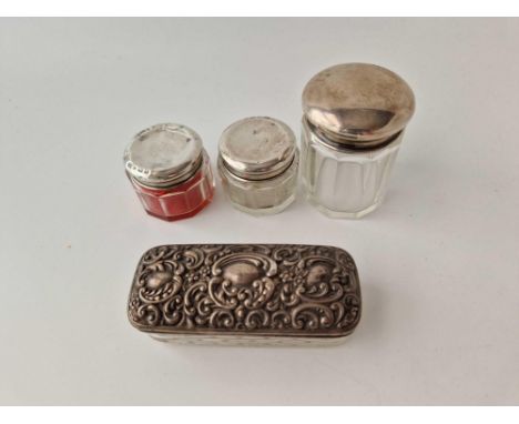 Four various silver top jars with glass bodies, 1 Birmingham 1903