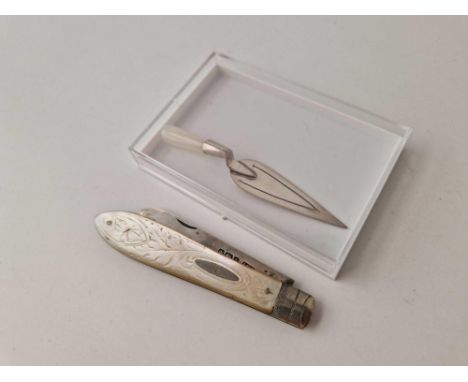 An attractive fruit knife with M.O.P body, Sheffield 1911 and a trowel shaped bookmark with import mark