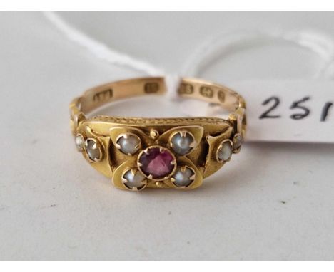 A VICTORIAN RUBY AND PEARL RING 15CT GOLD BIRMINGHAM 1899 SIZE O 2 GMS