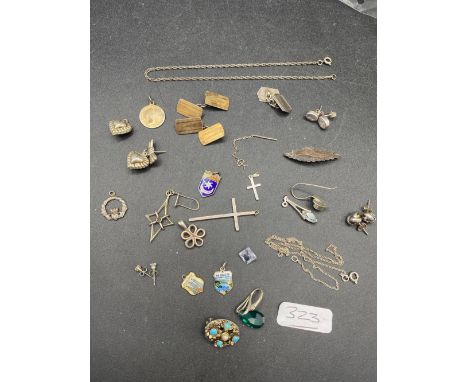 A bag of assorted silver items including cufflinks pendants and earrings
