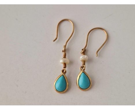 A pair turquoise and pearl earrings 14ct gold 1.4 gms