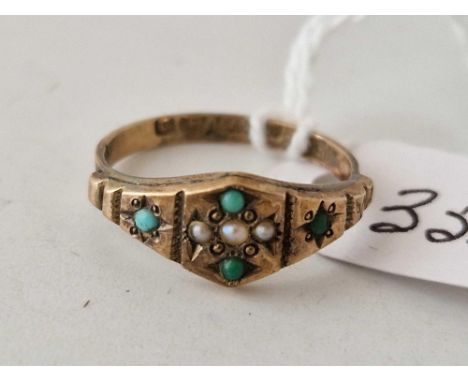 A Victorian turquoise and pearl ring 9ct size M 1.7 gms