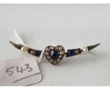 A antique sapphire diamond and pearl brooch with heart motif set in gold 2.2 gms