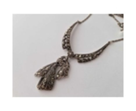 A art deco silver an marcasite necklace with pendant 16 inch