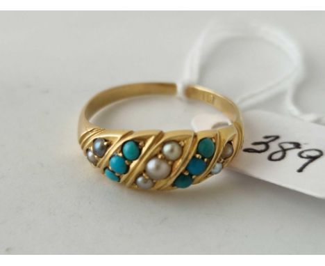 A pretty seed pearl and turquoise ring 18ct gold size S 3.7 gms