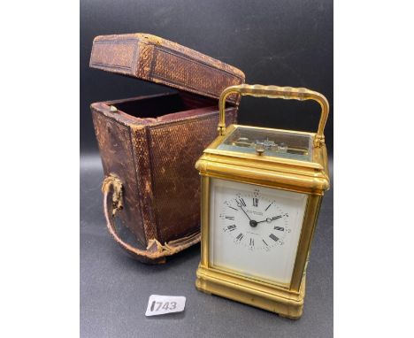 Brass Grande Sonnere carriage clock  by Elkingtons of Liverpool with strike and repeat button. Base marked hours and quarters