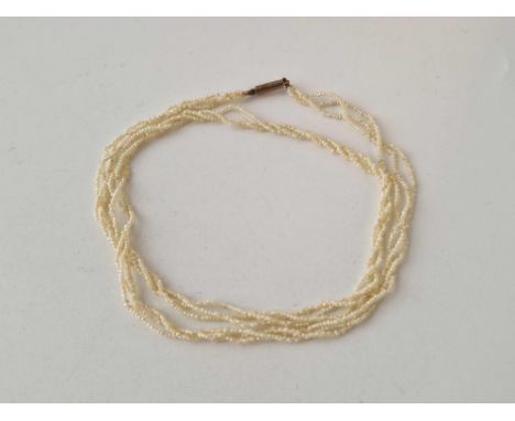 A antique Victorian seed pearl three row necklace with gold barrel clasp 19 inch