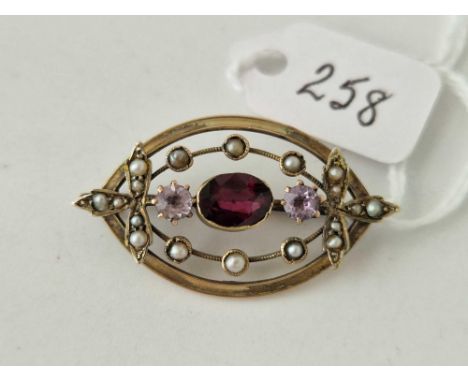 A Edwardian garnet pink tourmaline and pearl set brooch 9ct 3.4 gms