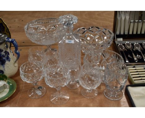 A collection of vintage glass, including heavy cut glass fruit bowl and tazza, Bohemia crystal glasses and similar.