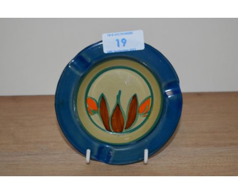 A 1930s Clarice Cliff Fantasque design ashtray, blue glazed border, and having a diameter of 12cm
Two small patches of ground