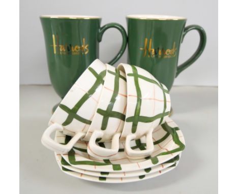 A Poole Pottery Delphis dish, fine bone china plates and boxed sets of mugs, etc., including a pair of Harrods mugs by Hornse