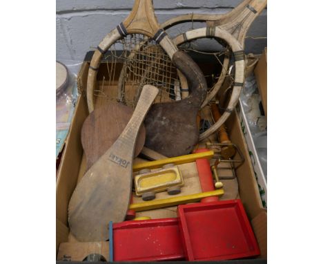 A collection of model buildings, part built vehicles, ships, box for Airfix Rotodyne and other parts, a Chad Valley Chuff-Chu