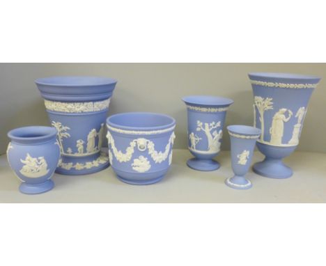 A collection of Wedgwood Jasperware, five vases and a planter