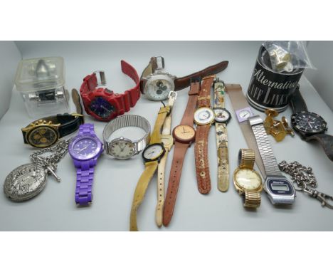 A collection of wristwatches including Casio G-Shock, Lorus, Smiths, Pulsar, Timex, etc., together with cufflinks, pocket wat