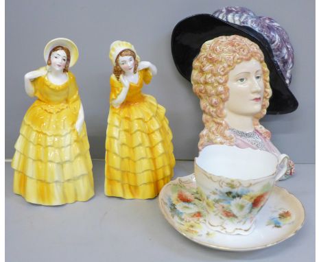A Goldscheider wall plaque, two Ernst Wahliss bookend figures and a cup and saucer