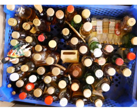Two boxes of vintage alcohol miniatures, whiskies, with Whyte &amp; Mackay plaque and a Jim Beam mirror, includes many rare a