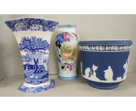 A tall Spode Italian vase, an Adams Tunstall large jasperware planter and opaque glass vase with a hand painted cottage scene
