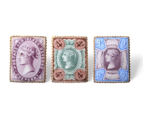 Three Enamel Victorian Postage Stamp Dress Buttons, each finely enamelled, respectively depicting a Queen Victoria lilac, a 4