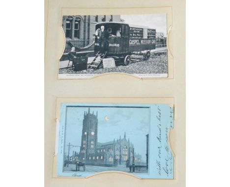 Two Postcard Albums part filled and a small tin. Various, mostly vintage including silk (7), real photographic including Mill