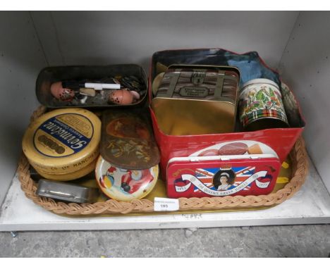 tray of vintage tins and buttons etc