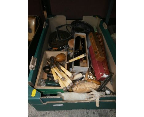 box of collectables inc vintage recorder, tins, bakelite pots and flatware etc
