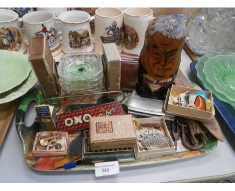 tray of collectables inc Russian doll, vintage spectacles and cufflinks etc