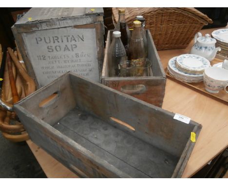 vintage wooden boxes and bottles inc Canada dry and puriton soap