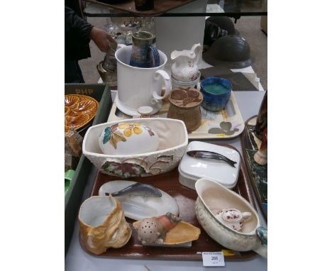 2 trays inc vintage pottery, doulton lambeth jug and double handled tankard etc