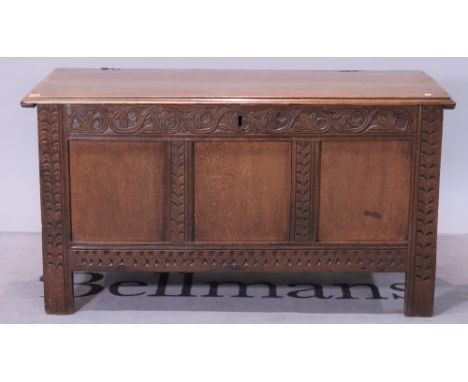 A late 18th century oak cofferCarved decoration 129cm wide; 70cm highGood overall condition old marks and scratches present w