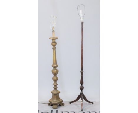 A Victorian style gold painted hardwood standard lamp (2)154cm high and another later mahogany standard lamp on outswept supp