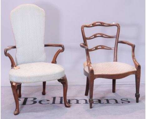 A Queen Anne mahogany framed high back open armchair (2)With shepherd crook arms 63cm wide; 110cm high and a late George III 