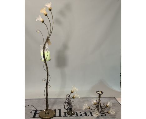 A modern metal three branch standard lamp (3)With floral moulded glass shades 179cm high a matching two branch table lamp 50c