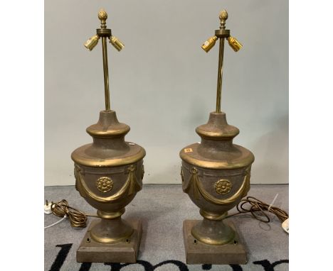 A pair of Victorian style ceramic and parcel gilt decorated table lamps72cm high
